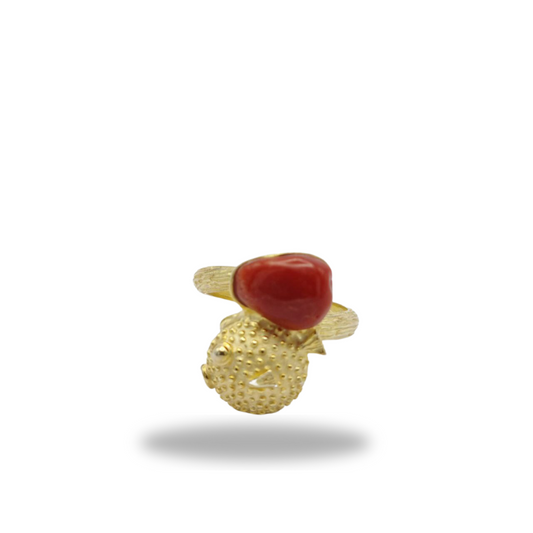 Ring in golden 925 silver with coral and puffer fish