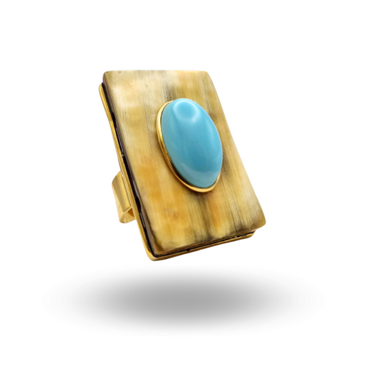 Anello in Argento 925 dorato con piastra rettangolare in Corno e spola ovale in Pasta di Turchese