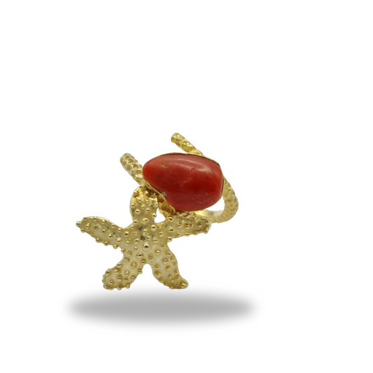 Ring in golden 925 silver with coral and large starfish