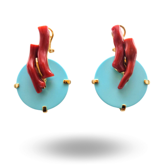Orecchini in Argento 925 dorato con piastra in Pasta di Turchese e due rametti di Corallo Rosso Mediterraneo