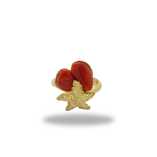 Ring in golden 925 silver with coral and small starfish