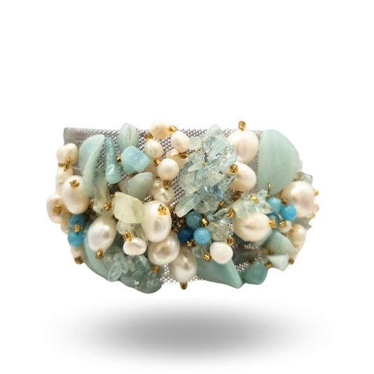 Bracciale a grappolo con maglia a rete in Acciaio silver con Perle, Quarzi azzurri e Pietre naturali - Variante Silver