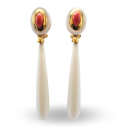 Orecchini in Argento 925 dorato pendenti con goccia in Agata bianca e spola di Corallo rosso Mediterraneo