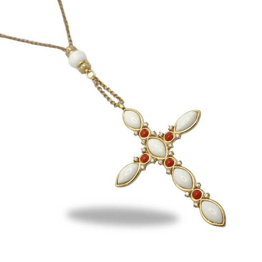Gold 925 Silver Cross Necklace with White Agate, Red Mediterranean Coral and Quartz