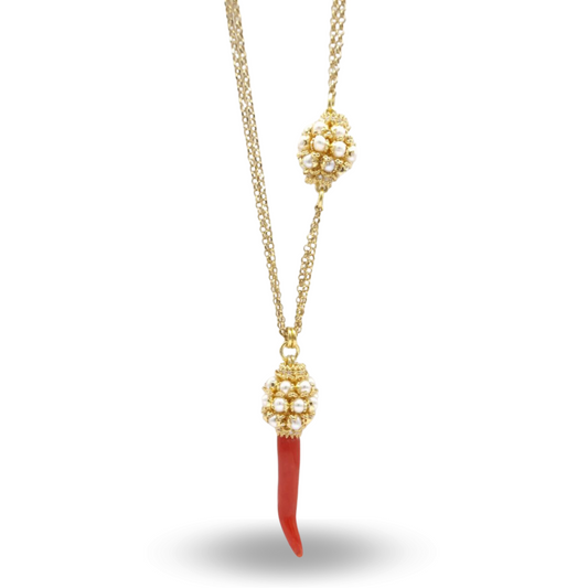 Collana in Argento 925 dorato con Corno in Corallo e mina con coroncine in Perle