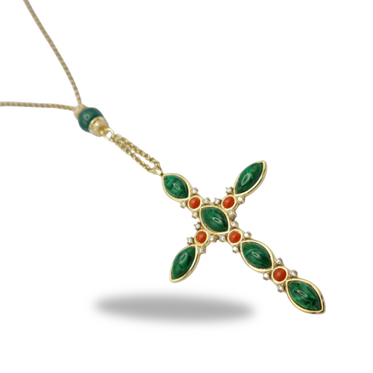 Cross Necklace in 925 Gold Silver with Malachite, Red Mediterranean Coral and Quartz