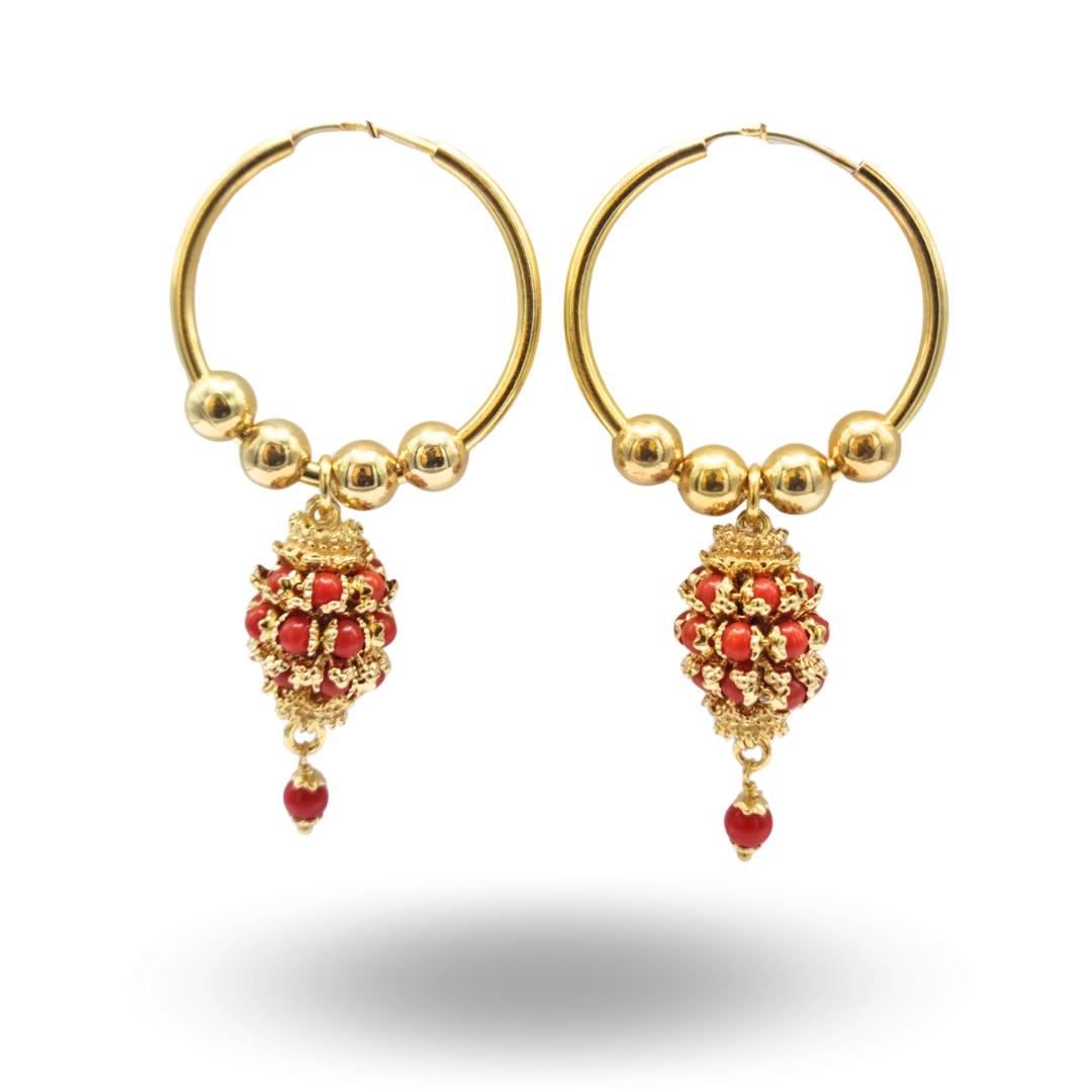 Orecchini a cerchio piccoli in Argento 925 bagnato in Oro 18Kt con mine in Corallo