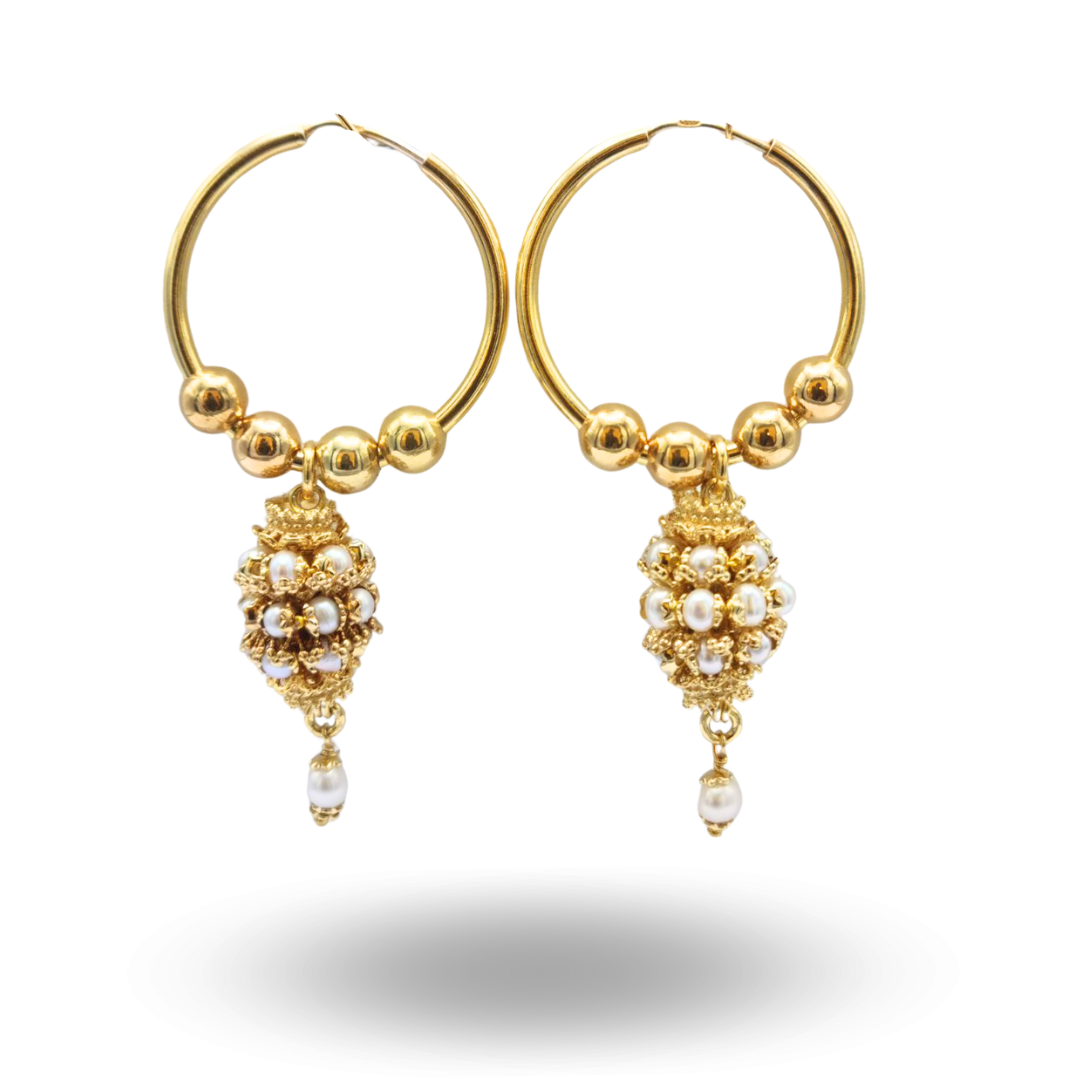 Orecchini a cerchio piccoli in Argento 925 bagnato in Oro 18Kt con mine in Corallo