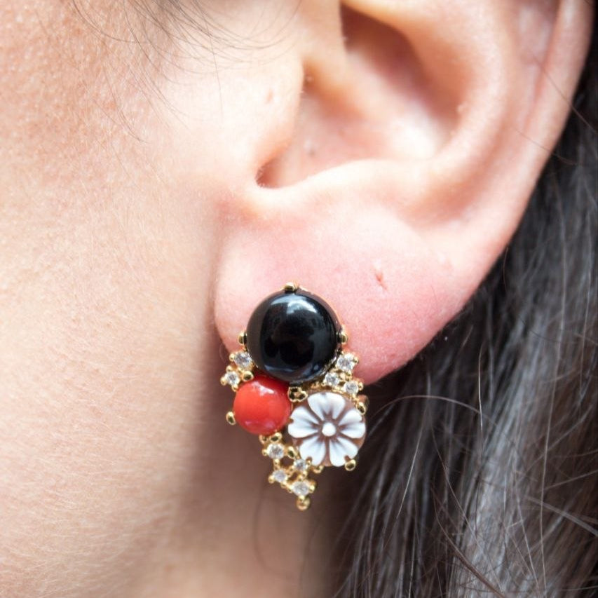 Orecchini in Argento 925 dorato con Cammeo, Corallo, Onice e Quarzi, Modello Vanity