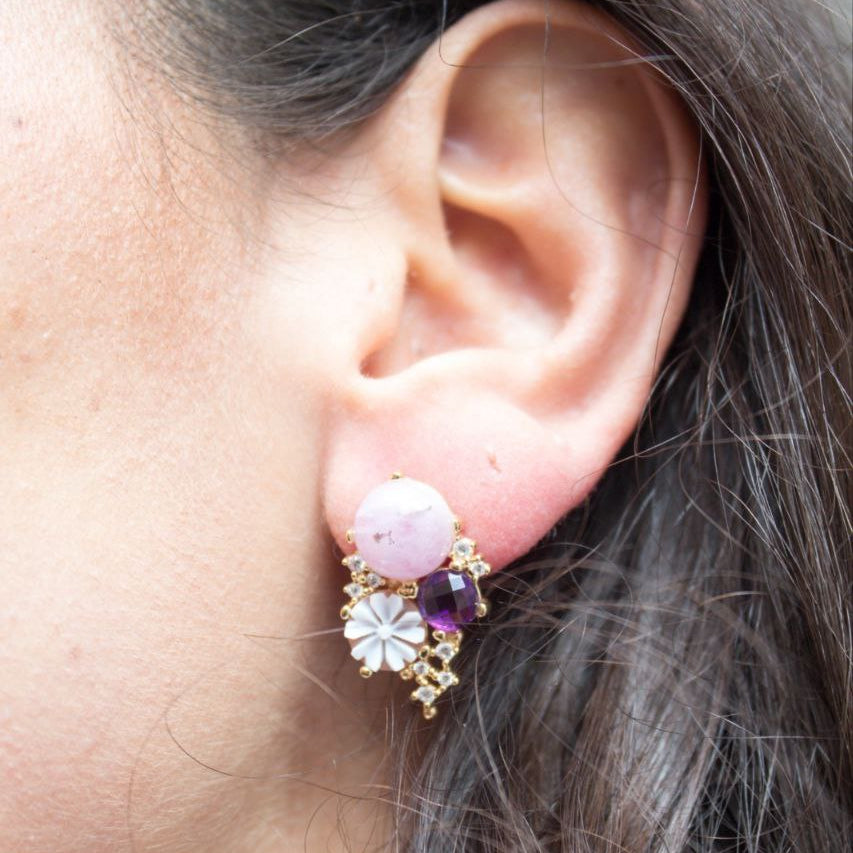 Orecchini in Argento 925 dorato con Cammeo, Quarzo rosa e Ametista, Modello Vanity