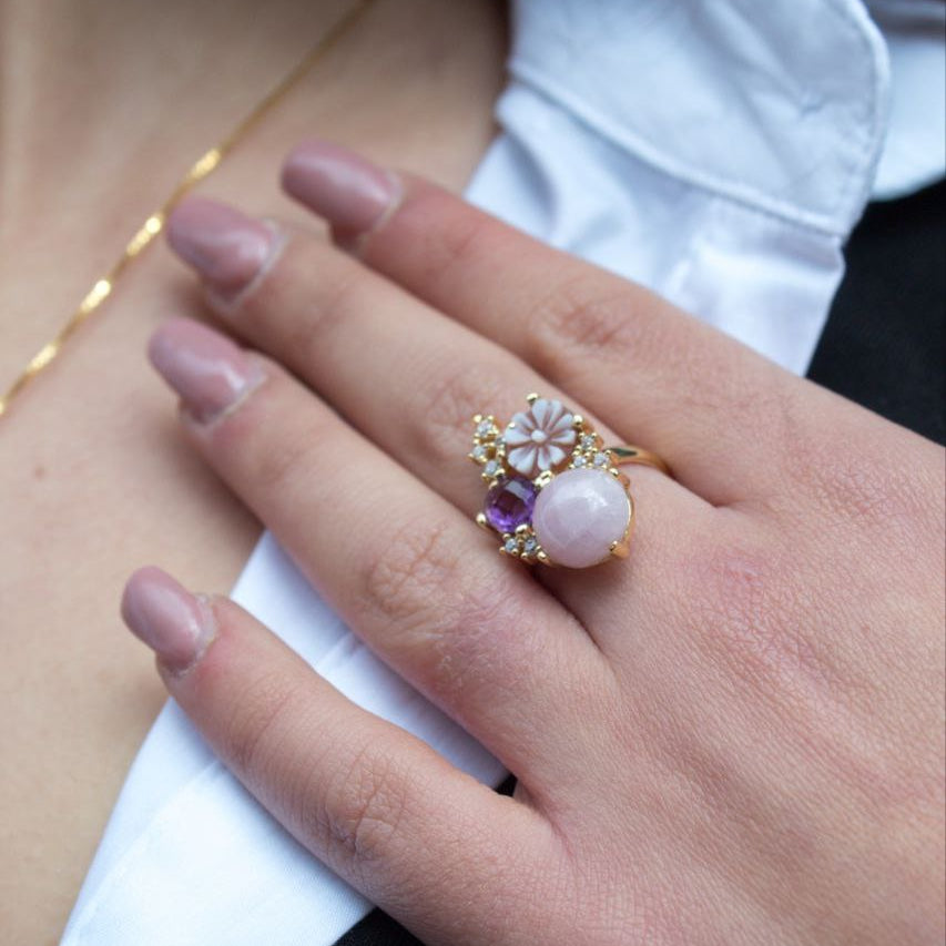Anello in Argento 925 dorato con Cammeo, Quarzo rosa e Ametista, Modello Vanity