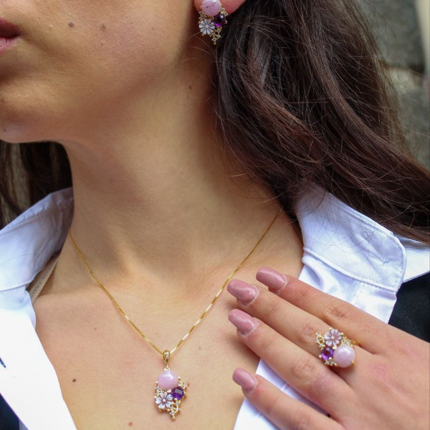 Ciondolo in Argento 925 dorato con Cammeo a fiore, Quarzo rosa e e Ametista, Modello Vanity