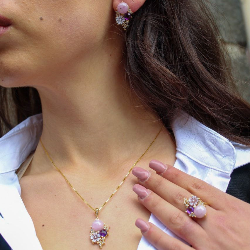 Orecchini in Argento 925 dorato con Cammeo, Quarzo rosa e Ametista, Modello Vanity