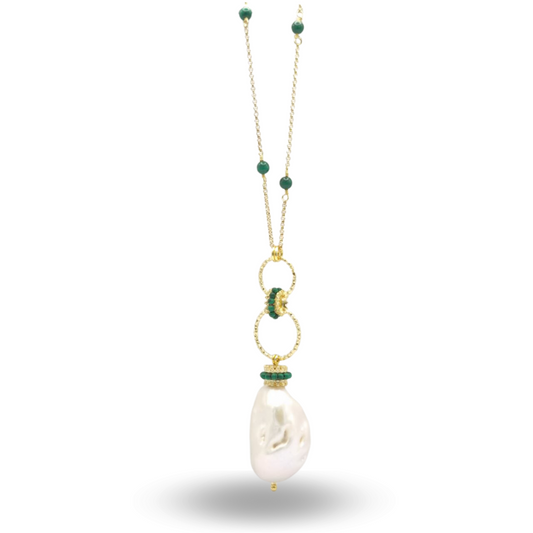 Collana in Argento 925 dorato con Perla Scaramazza e coroncine in Malachite