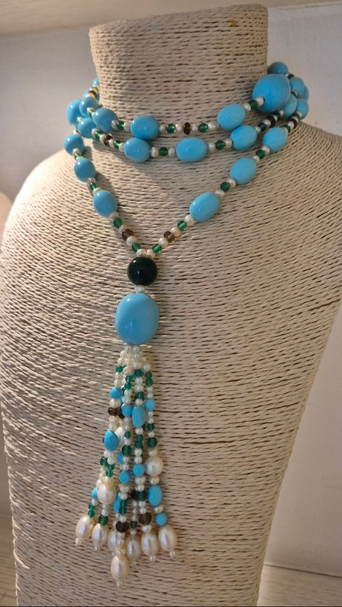 Collana in Pietre Naturali con Pasta di Turchese, Giada, Quarzo fumè e Perle