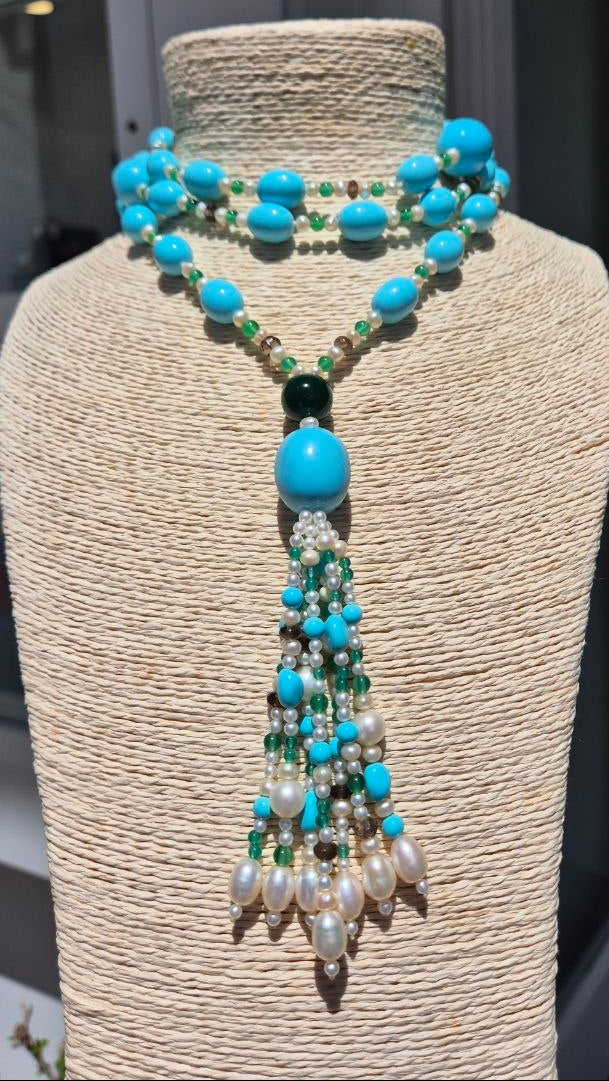Collana in Pietre Naturali con Pasta di Turchese, Giada, Quarzo fumè e Perle