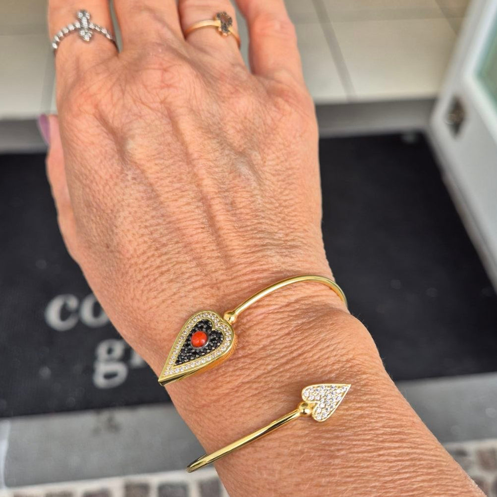 Bracciale contrariè in Argento 925 dorato con Cuori con Quarzi e spola in Corallo rosso