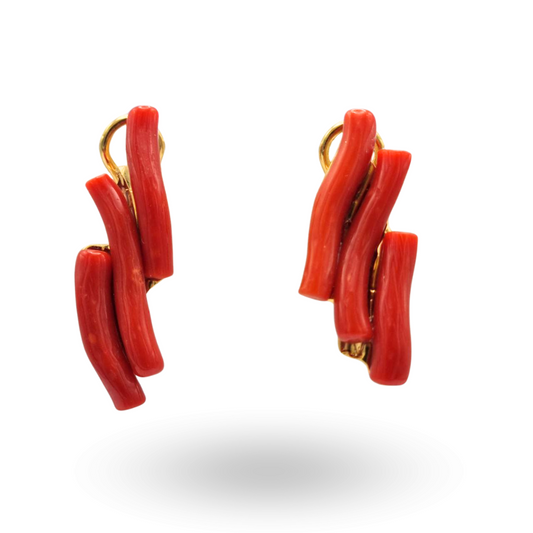 Orecchini in Argento 925 dorato con tre rami di Corallo Rosso Mediterraneo
