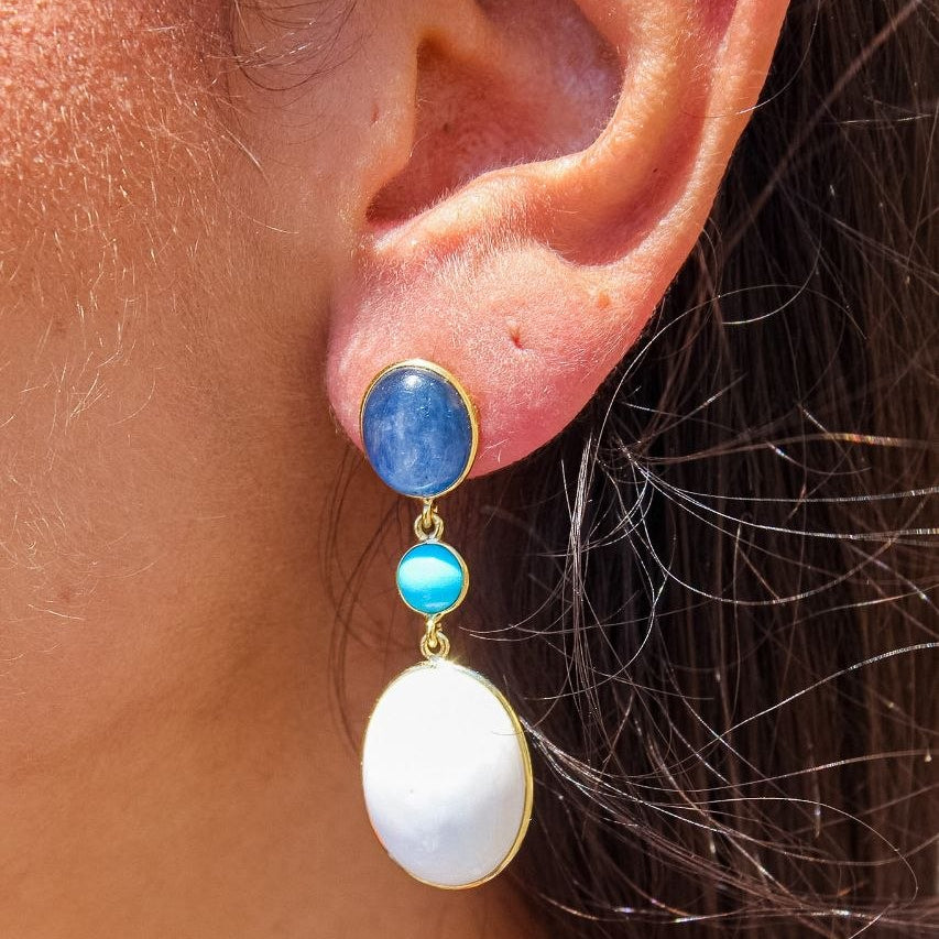 Orecchini in Argento 925 dorato con Corniola, Cianite blu e Turchese