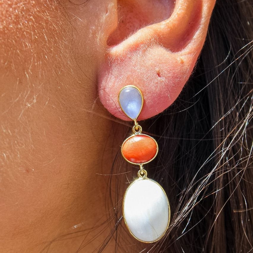 Orecchini in Argento 925 dorato con Corniola, Quarzo viola e Corallo rosso