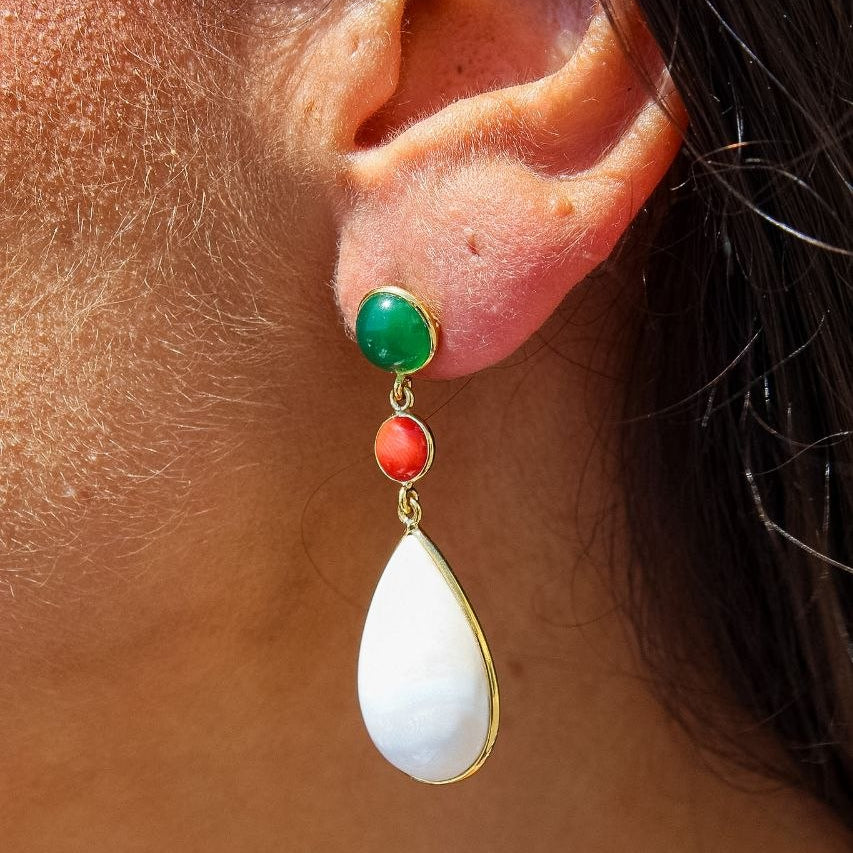 Orecchini in Argento 925 dorato con Corniola, Agata verde e Corallo rosso