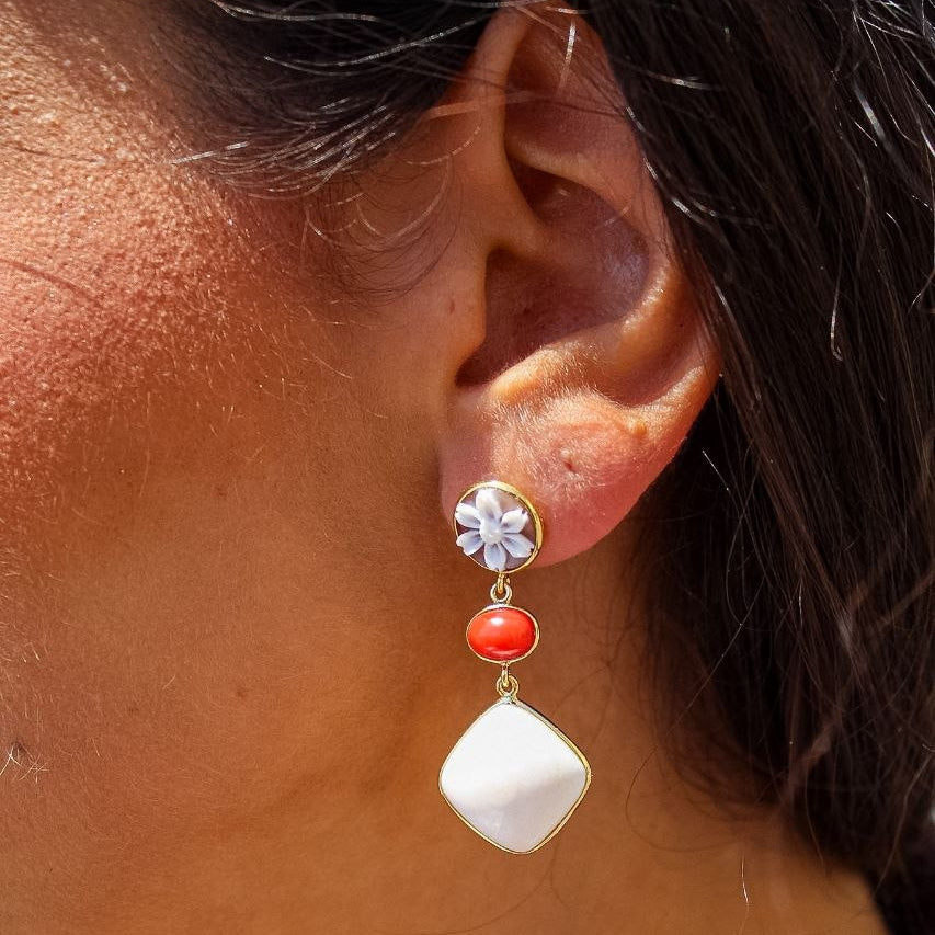 Orecchini in Argento 925 dorato con Corniola, Cammeo e Corallo rosso