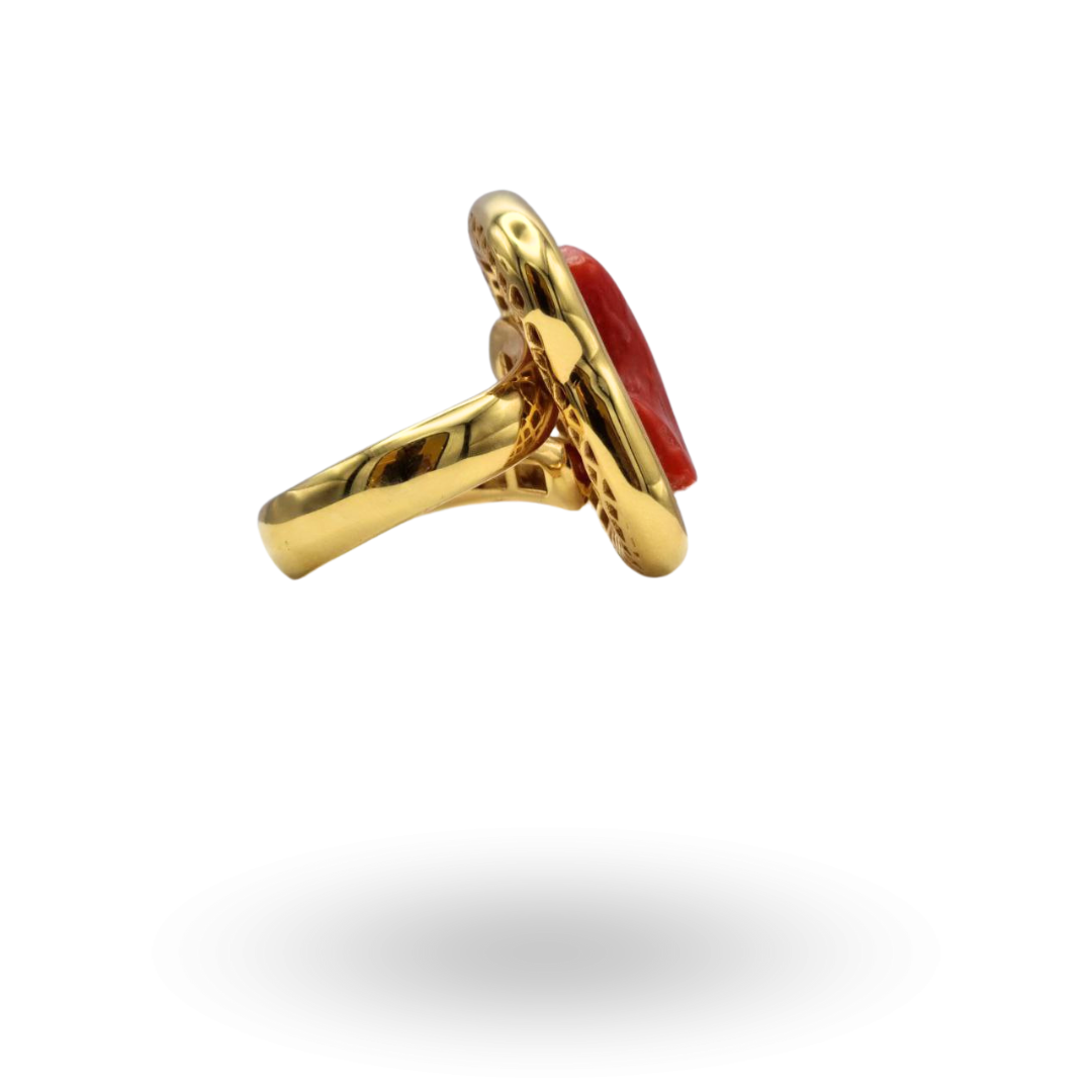 Anello in Argento 925 dorato tubolare con sasso di Corallo rosso Mediterraneo