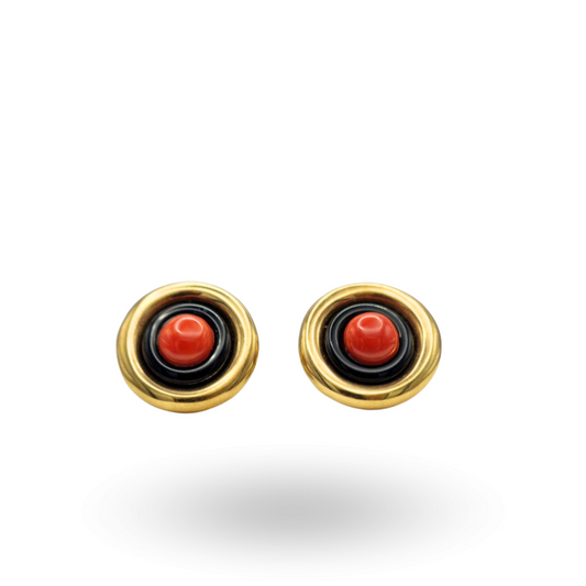 Orecchini in Argento 925 dorato con centrale in Corallo rosso Mediterraneo e cerchi in Onice
