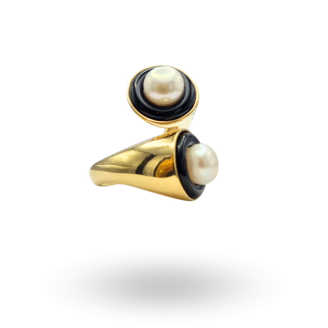 Anello contrariè in Argento 925 dorato effetto abbraccio con Perle e cerchi in Onice