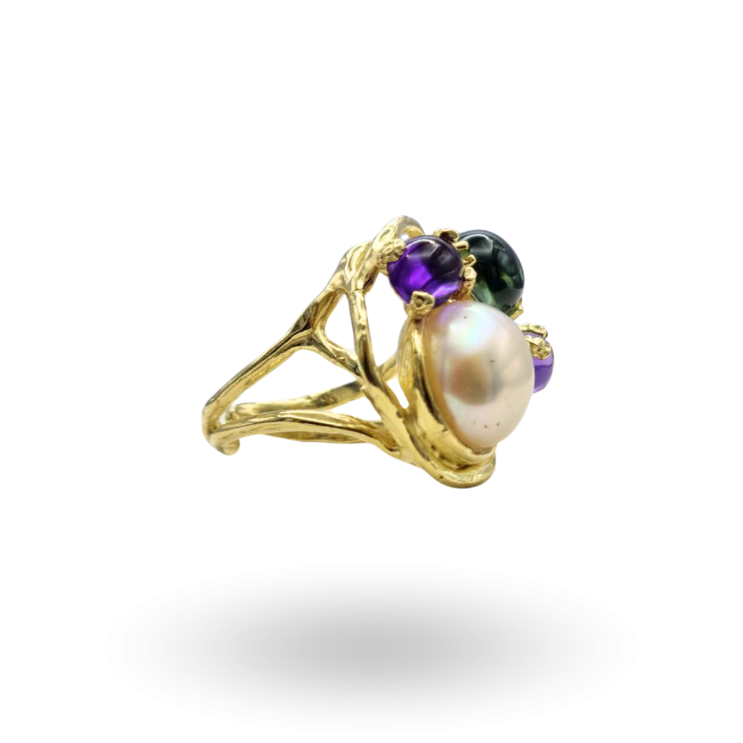 Anello in Argento 925 dorato con Perla Barocca e tre Quarzi idrotermali