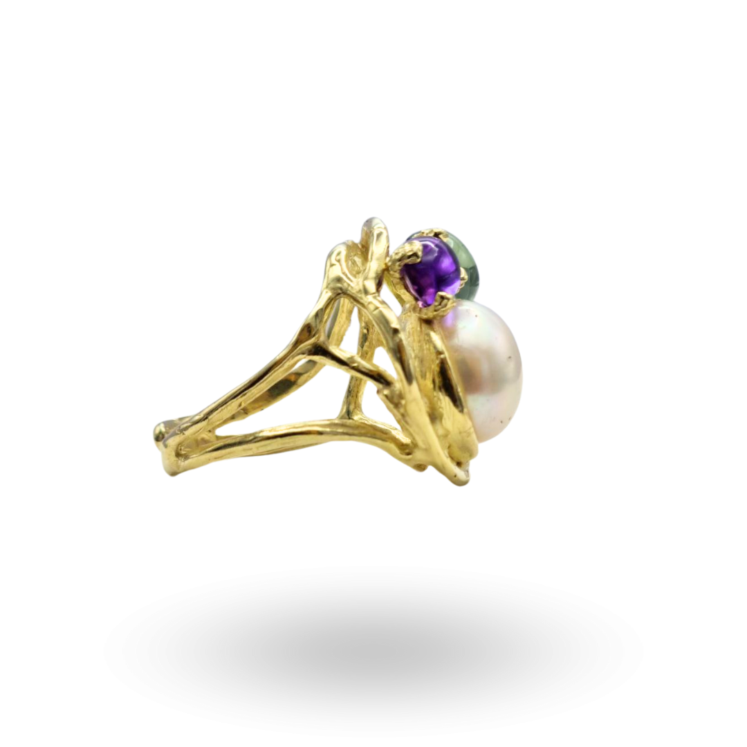 Anello in Argento 925 dorato con Perla Barocca e tre Quarzi idrotermali