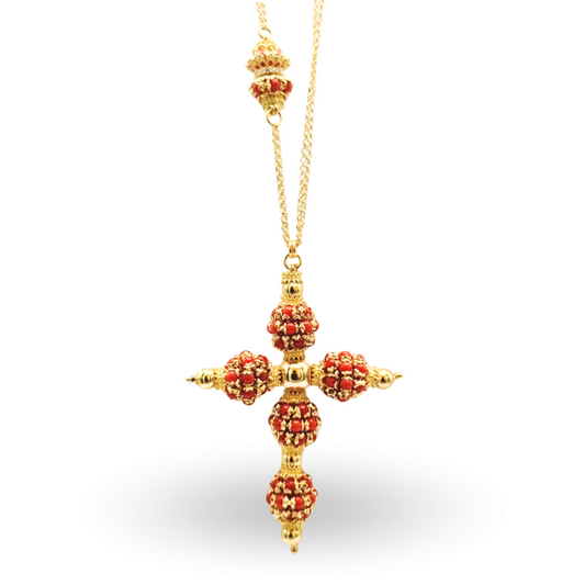 Collana in Argento 925 bagnato in Oro 18Kt con Croce con mine in Corallo rosso Mediterraneo