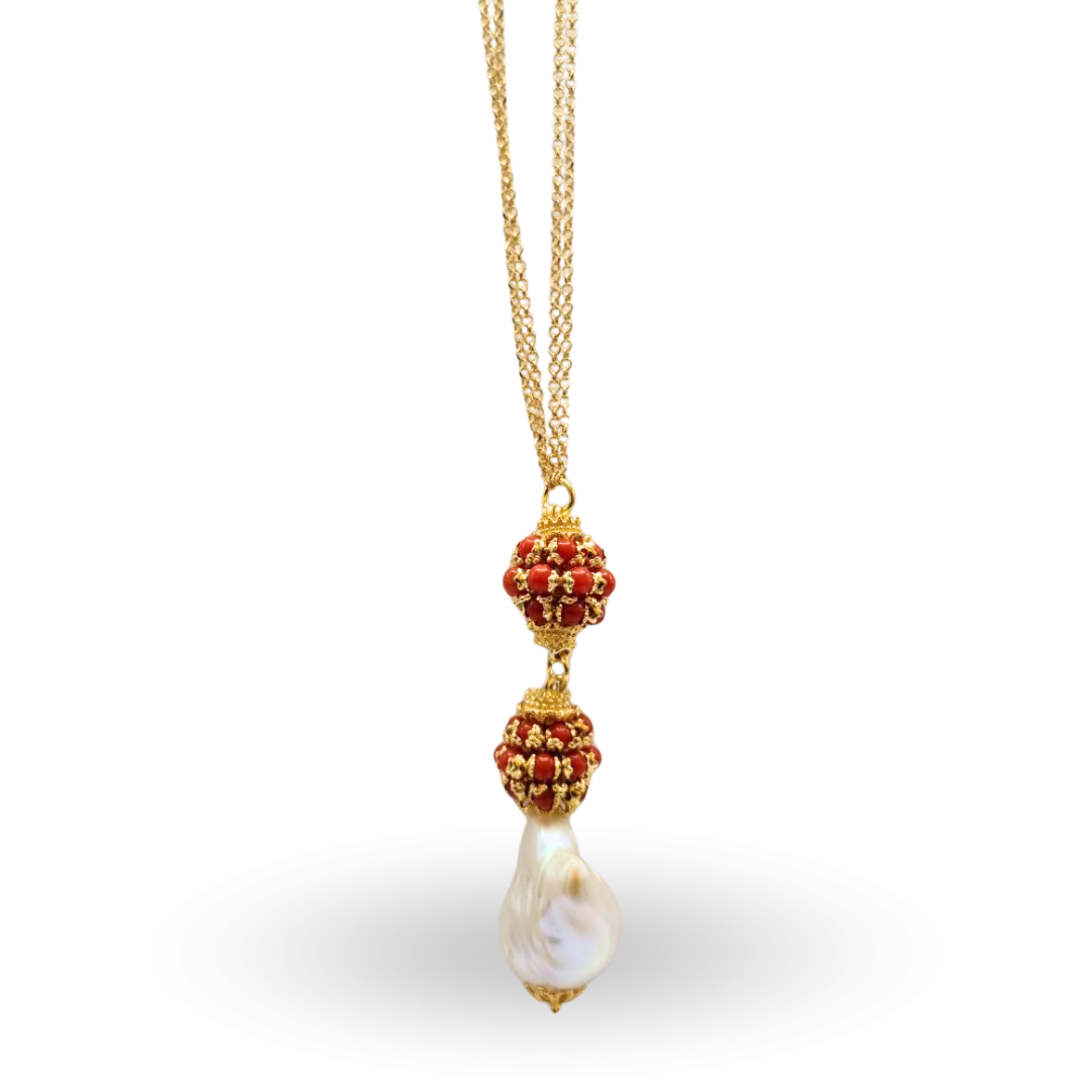 Collana in Argento 925 dorato con due mine in Corallo rosso Mediterraneo e Perla Scaramazza