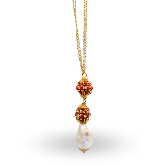 Collana in Argento 925 dorato con due mine in Corallo rosso Mediterraneo e Perla Scaramazza