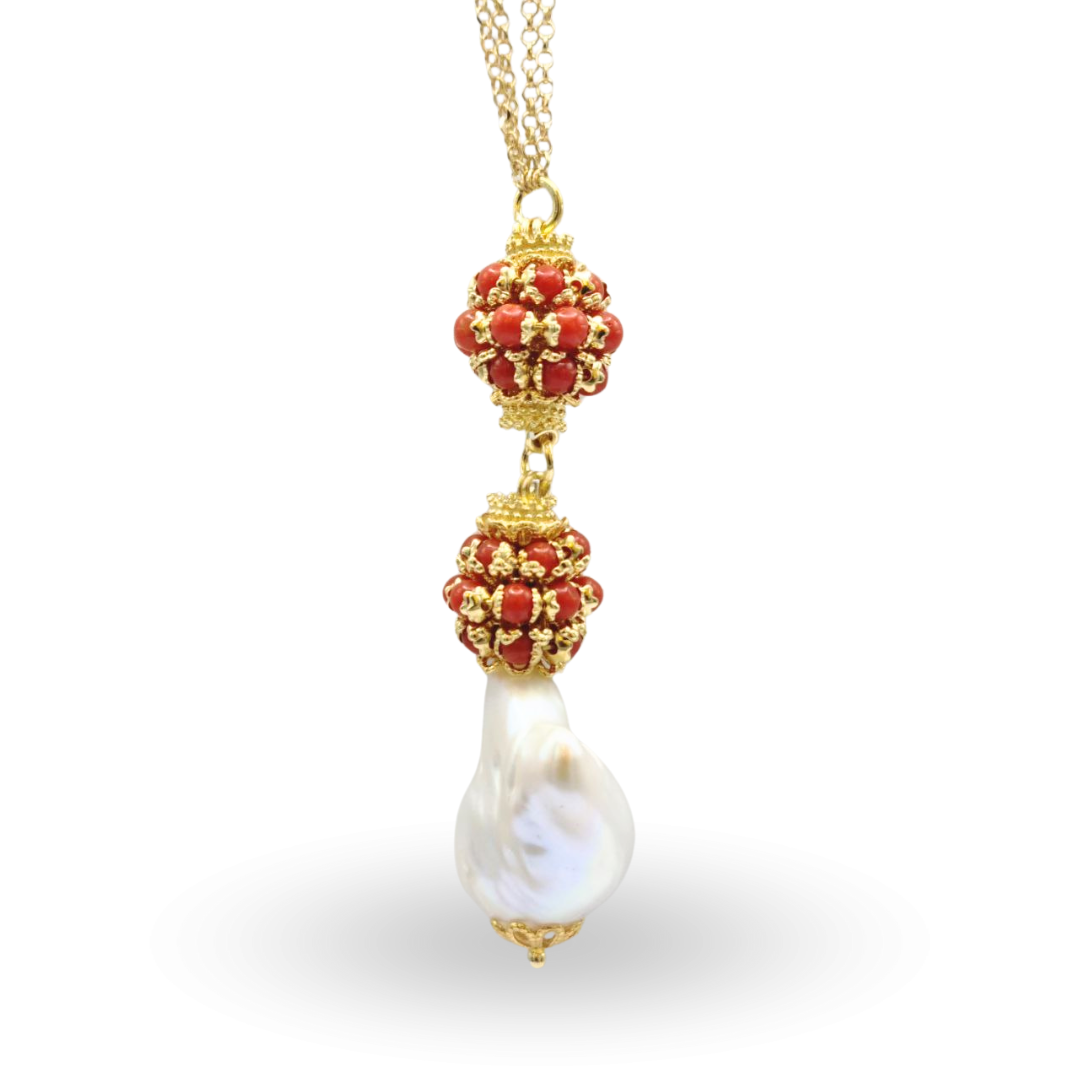 Collana in Argento 925 dorato con due mine in Corallo rosso Mediterraneo e Perla Scaramazza