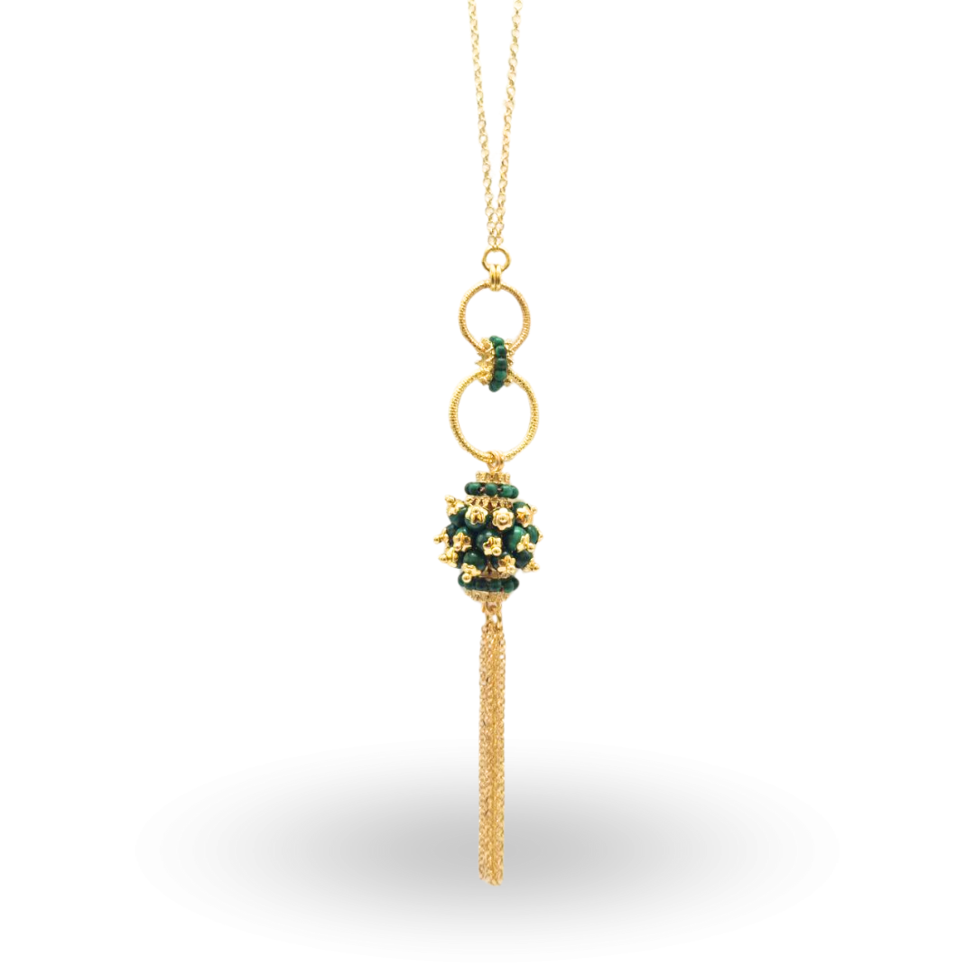 Collana in Argento 925 dorato con ciuffo in Malachite e frangia