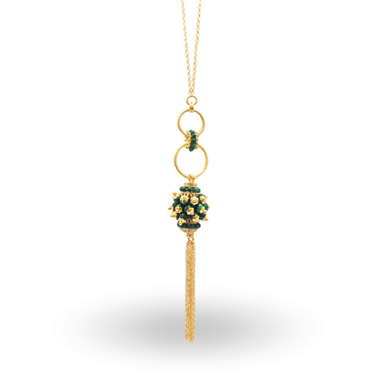 Collana in Argento 925 dorato con ciuffo in Malachite e frangia
