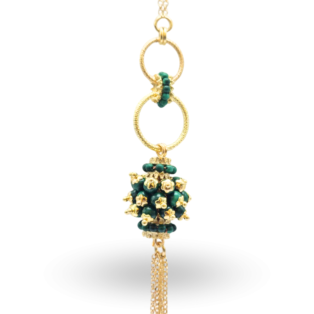 Collana in Argento 925 dorato con ciuffo in Malachite e frangia