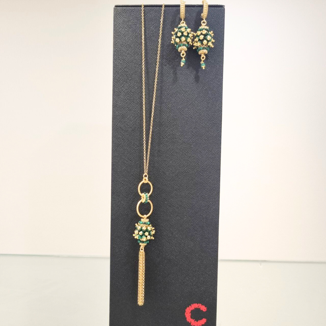 Collana in Argento 925 dorato con ciuffo in Malachite e frangia