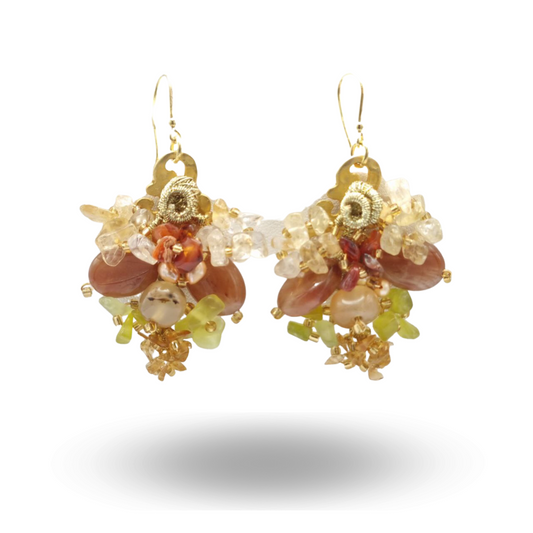 Boucles d'oreilles grappes en argent 925 plaqué or avec cornaline, perles d'eau douce, quartz et pierres naturelles