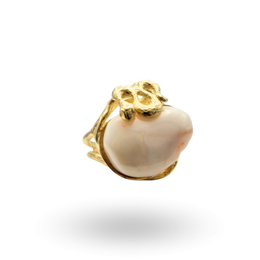 Anello in Argento 925 dorato con serpente e sasso di Corallo rosa naturale
