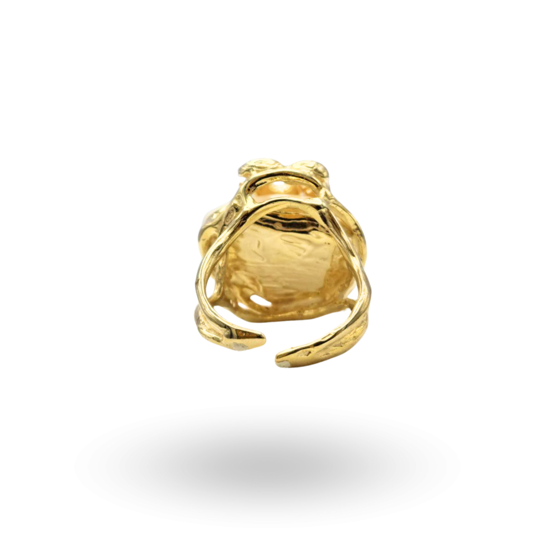 Anello in Argento 925 dorato con serpente e sasso di Corallo rosa naturale