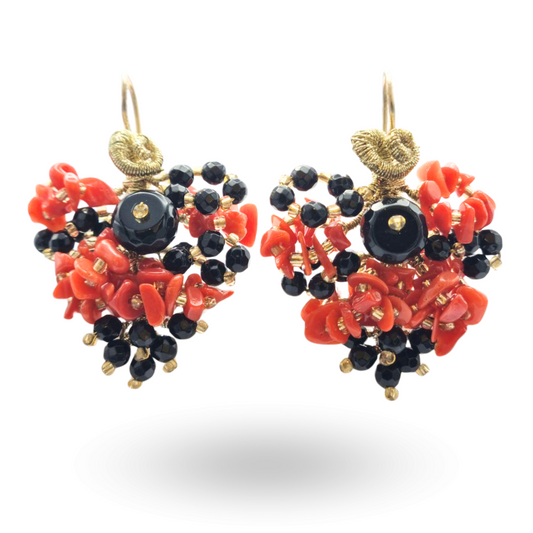 Orecchini a grappolo in Argento 925 dorato con Corallo rosso Mediterraneo e Onice
