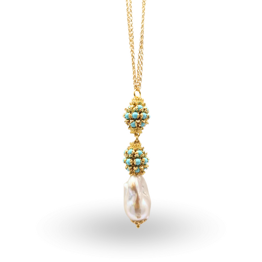Collana in Argento 925 dorato con due mine in Pasta di Turchese e Perla Scaramazza