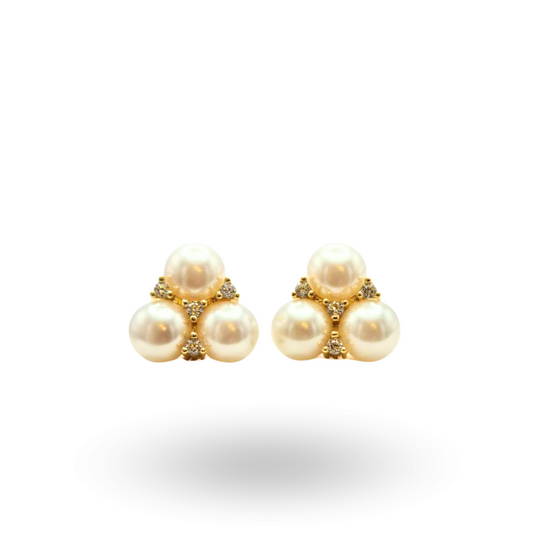 Orecchini in Argento 925 dorato modello trifoglio con tre Perle coltivate d'acqua dolce e Quarzi