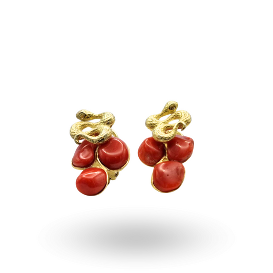 Orecchini in Argento 925 dorato con serpente e tre sassi di Corallo rosso Mediterraneo