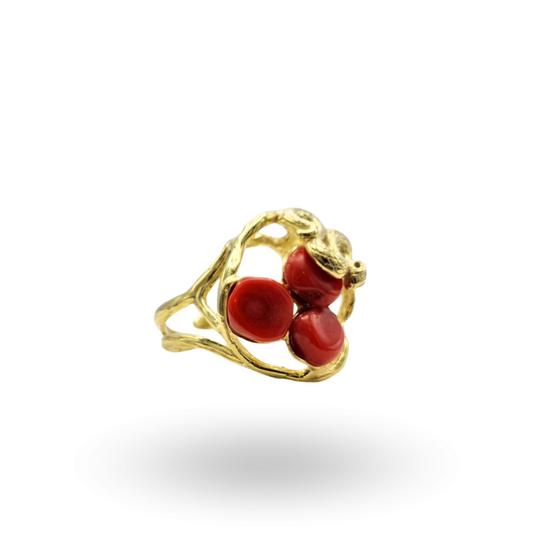 Anello in Argento 925 dorato con serpente e tre sassi di Corallo rosso Mediterraneo