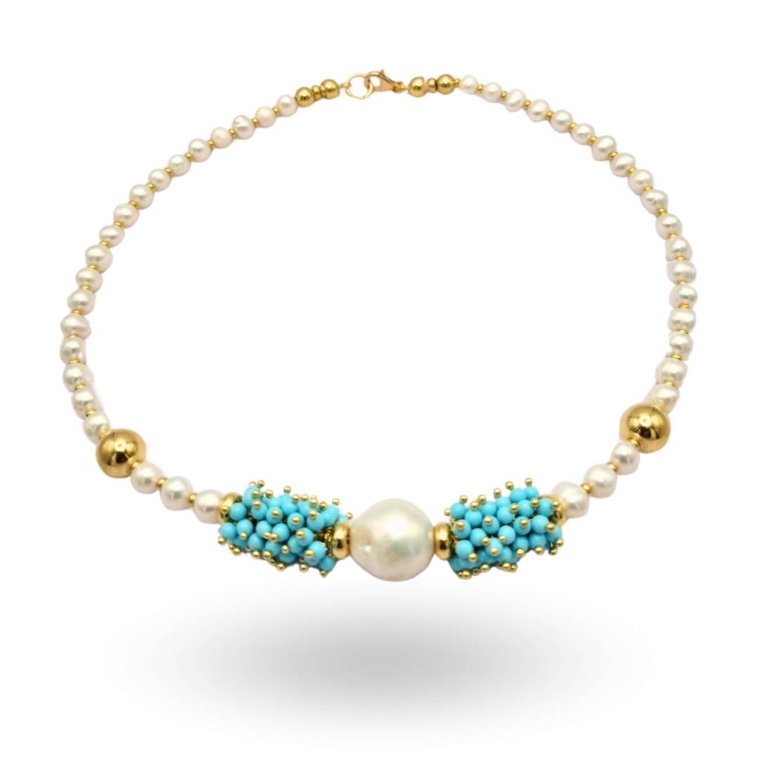 Collana girocollo in Argento 925 dorato con Perle coltivate d'acqua dolce e ciuffi in Pasta di Turchese