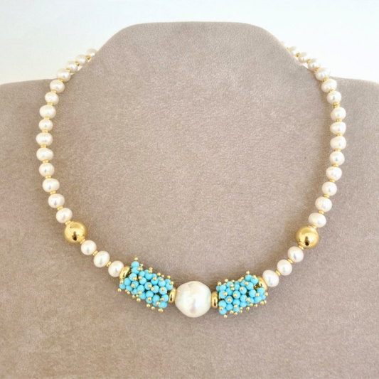 Collana girocollo in Argento 925 dorato con Perle coltivate d'acqua dolce e ciuffi in Pasta di Turchese