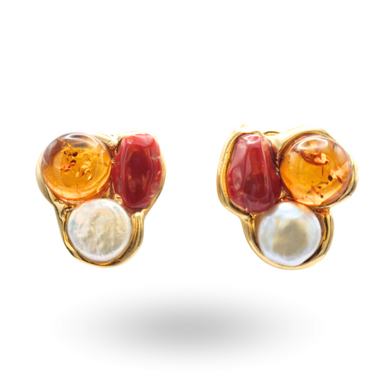 Orecchini in Argento 925 dorato con sasso di Corallo, Rosso Mediterraneo, Perla e Ambra naturale